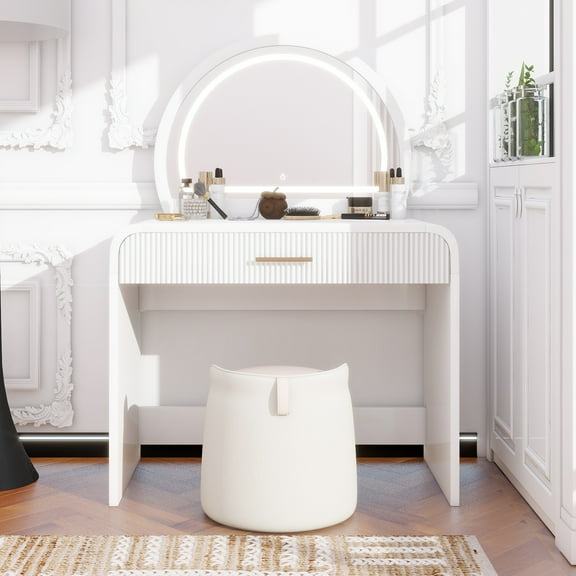 39" Makeup Vanity Table with Mirror Touch Screen Lighted Mirror, Dressing Table with Drawer for Bedroom, White