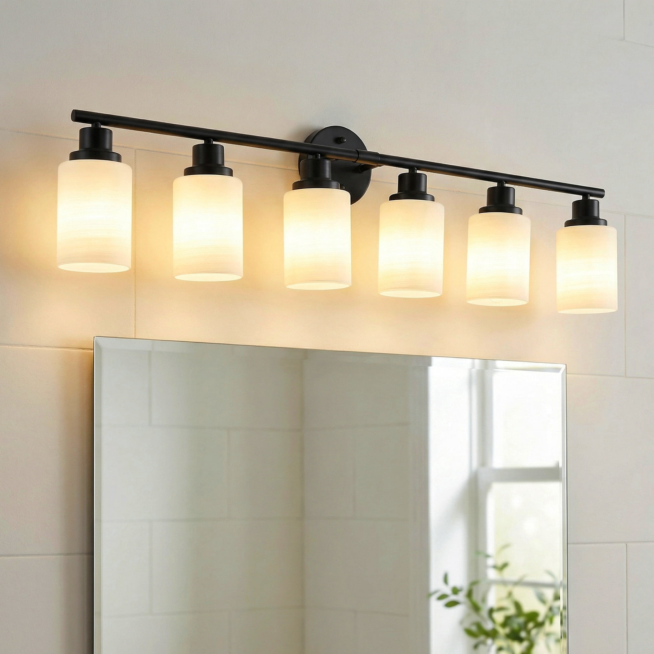 39" Modern Black Vanity Light, 6-Light Bathroom Wall Sconce with Frosted Glass Shades, Wall Mount Lighting for Mirror or Hallway (No Bulbs)
