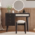 thumbnail image 1 of 39" Modern Bohemian Style Wooden Makeup Vanity Desk with Stool, Charging Plugs and USB Ports, Retro Dressing Table with 3 Storage Drawers and 1 Rattan Drawer for Bedroom, Dressing Room (Black), 1 of 14