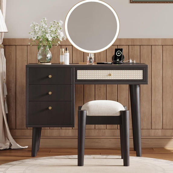 39" Modern Bohemian Style Wooden Makeup Vanity Desk with Stool, Charging Plugs and USB Ports, Retro Dressing Table with 3 Storage Drawers and 1 Rattan Drawer for Bedroom, Dressing Room (Black)