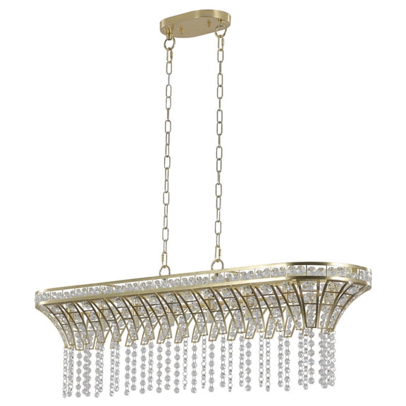 39" Modern Crystal Rectangle Chandelier, Gold Finish Linear Pendant Light with Cascading Beads for Dining Room, Living Room, or Foyer (Bulbs Not Included)