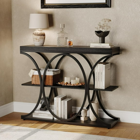 39" Narrow Entryway Table - 3 Tier Console Sofa Table with Open Storage Shelf, Oval Metal Frame, Home Accent Tables for Living Room Hallway, Foyer - Black