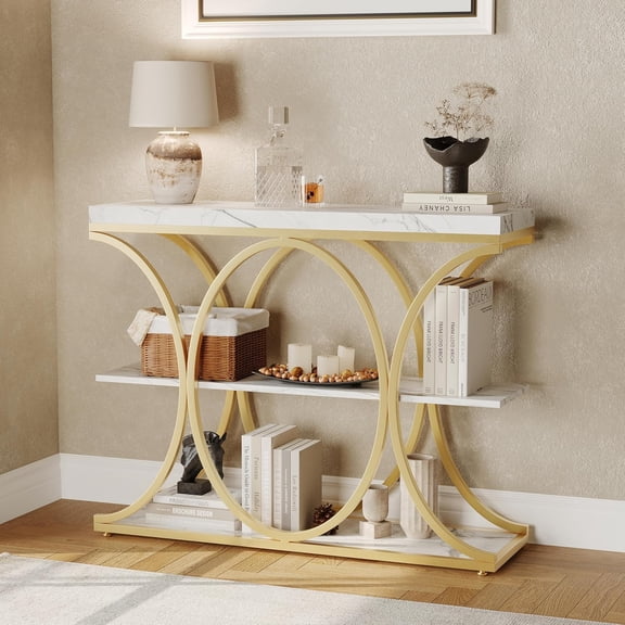 39" Narrow Entryway Table - 3 Tier Console Sofa Table with Open Storage Shelf, Oval Metal Frame, Home Accent Tables for Living Room Hallway, Foyer - White