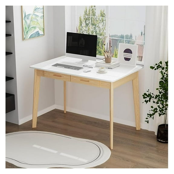 39 Office Desk, Rectangular Computer Desk with 2 Drawers, Writing Table for Reading Crafting, Home Office Study Room, White and Oak, 39.4W x 21.7D x 29.5H