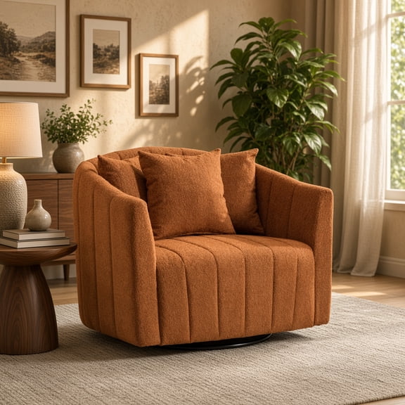 39" Oversized 360° Swivel Accent Barrel Chair with 3 Pillows, Chenille Tufted Club Armchair, Orange