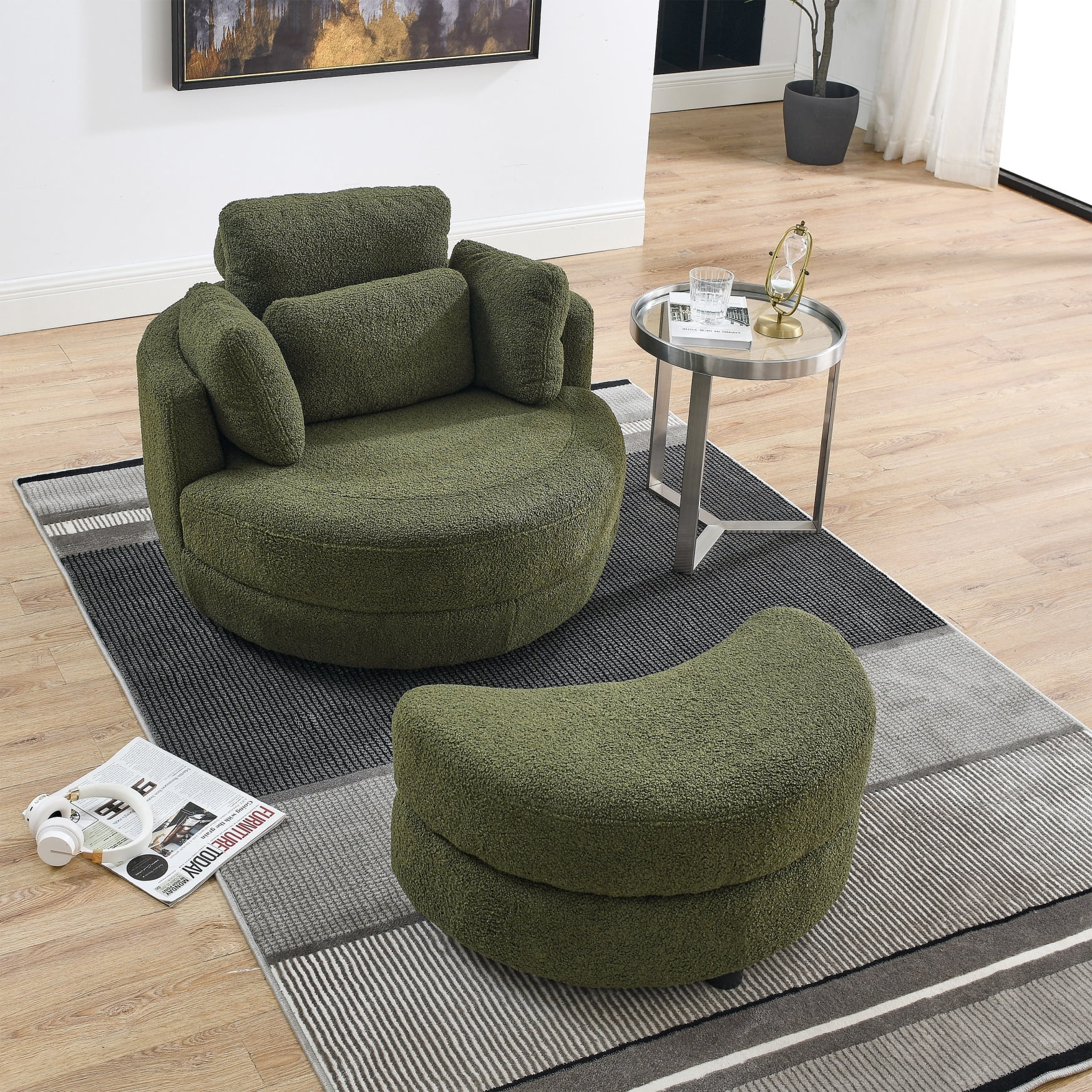 39" Oversized Swivel Chair with Half Moon Storage Ottoman, Round Swivel Accent Barrel Chairs with Removable Headrest, Swivel Barrel Chair with Base Storage for Living Room, Green