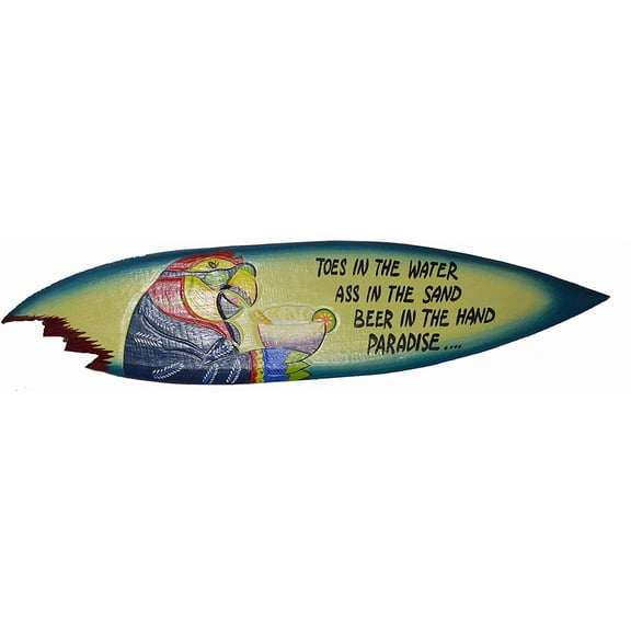 39" Parrot Head Toes in The Water As in The Sand Surfboard with Shark Bite Bar Sign