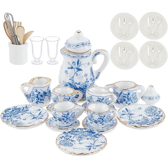 39 Pcs 1:12 Scale Miniatures Dollhouse Kitchen Accessories Include Mini Porcelain Tea Cup Set Egg Beaters Metal Pots and Pans Plates for DIYk Spoon Beer Cup for DIY Dollhouse Decoration