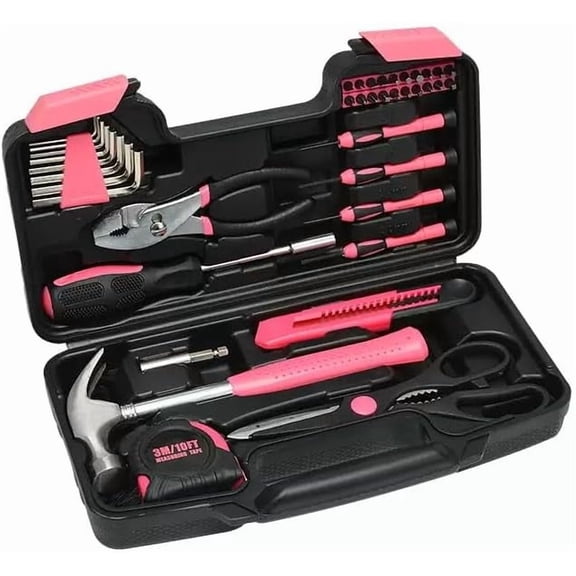 39 Pcs All Purpose Basic Household Pink Tool Kit for Women - Small Tool Set with Toolbox Great for Home, Garage, Office and College Dormitory Use