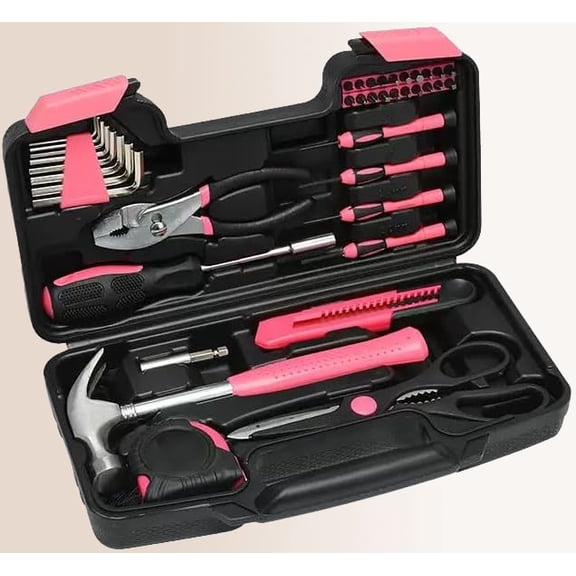 39 Pcs All Purpose Basic Household Pink Tool Kit for Women - Small Tool Set with Toolbox Great for Home, Garage, Office and College Dormitory Use