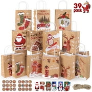 Scidweet 39 Pcs Christmas Kraft Gift Bags with Handle, Christmas Paper Gift Treat Bags Bulk, Goodie Bags for Holiday Decor