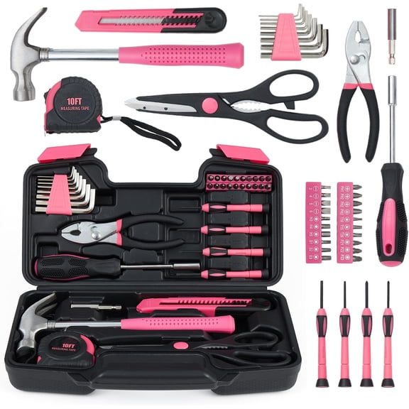 39 Piece All Purpose Basic Household Pink Tool Kit for Women - Small Tool Set with Toolbox Great for Home, Garage, Office and College Dormitory Use