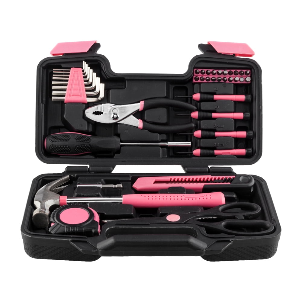 39 Piece General Household Tool Set in Toolbox Storage Case with Essential Hand Tools for Everyday Home Repairs, DIY and Crafts - Pink Ribbon - Pink