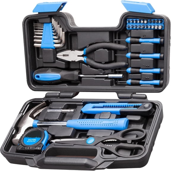 39-Piece Home Tool Set Kit, Essential Household Hand Tools with Plastic Storage Case Blue