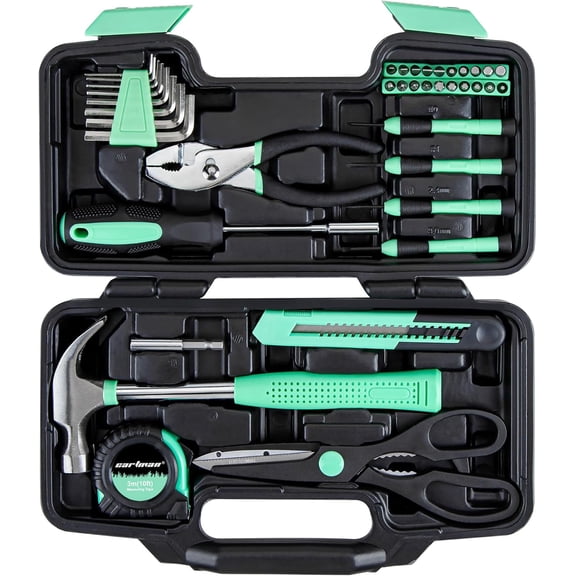 39-Piece Home Tool Set Kit, Essential Household Hand Tools with Plastic Storage Case, Green