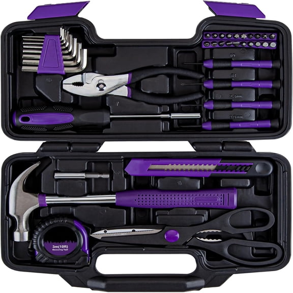 39-Piece Home Tool Set Kit, Essential Household Hand Tools with Plastic Storage Case, Purple