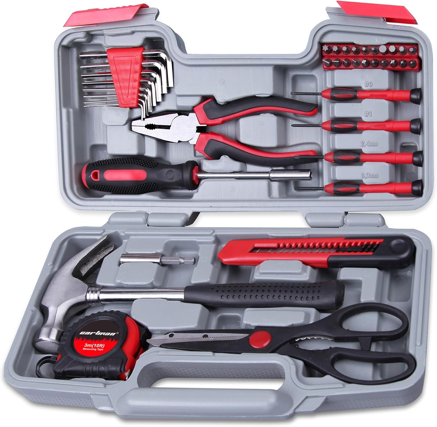 39-Piece Home Tool Set Kit, Essential Household Hand Tools with Plastic Storage Case, Red