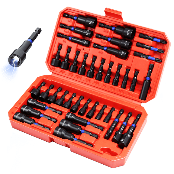 RDTRDT 39 PCS Magnetic Nut Driver Set, Impact Driver Bit 1/4" Hex Shank SAE & Metric Cr-V Steel Power Nut Drivers with Impact Socket Adapters, Screwdriver Bits, Bit Holder, Sturdy Tool Box