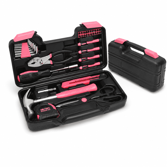 39 Piece Pink Home Tool Set for Women Household Repair Kit with Hammer Screwdriver Pliers Tape Measure Utility Knife Socket Bits Portable Tool Box DIY Home Maintenance Gift Set