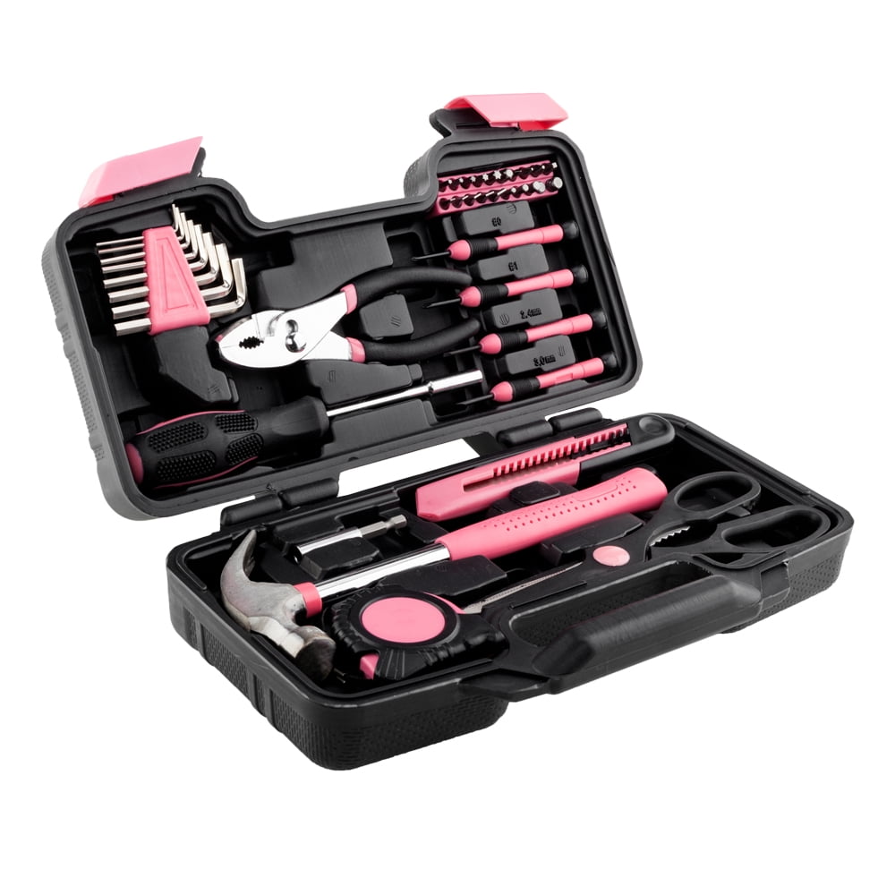 39-Piece Pink Tool Kit for Home Repairs - Carbon Steel & Chrome Vanadium Tools with Hard Case | Meets ANSI Standards (Hammer, Pliers, Screwdrivers, Hex Keys, Tape Measure)