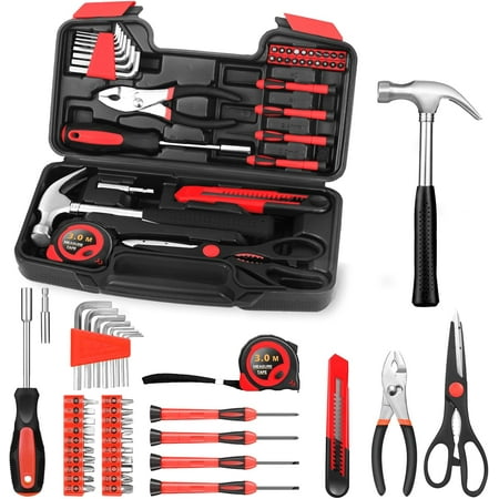 39 Piece All Purpose Household Red Tool Kit Small Basic Home Tool Set with Toolbox Great for Home, Garage, Office and College Dormitory Use, DIY and Crafts, Red