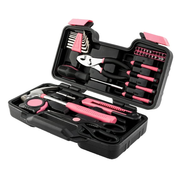 39-Piece Tool Kit for General Household Home Repair, Pink Portable Repair Tool Set with Plastic Tool Box Storage Case for Home Workplace - Great for College Students, Home Repair and DIY
