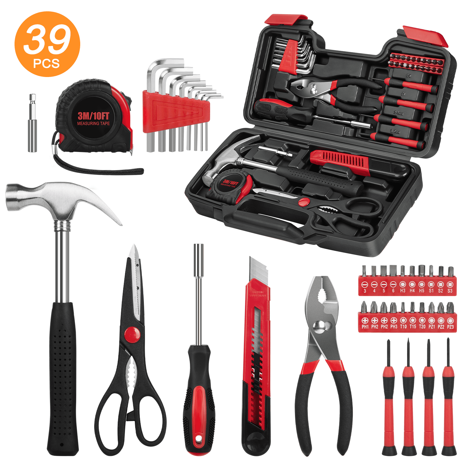 39-Piece Tool Set General Household Hand Kit with Plastic Toolbox Storage Case, Small Basic Home Tool Kit for Girls Ladies and Women - Includes All Essential Tools for Home Garage and Office, Red