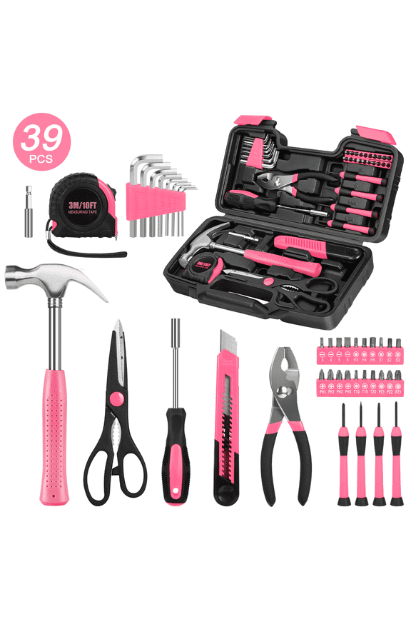 39-Piece Tool Set General Household Hand Kit with Plastic Toolbox Storage Case, Basic Home Tool Kit for Girls Ladies and Women - Includes Essential Tools for Home Garage and Office, Pink