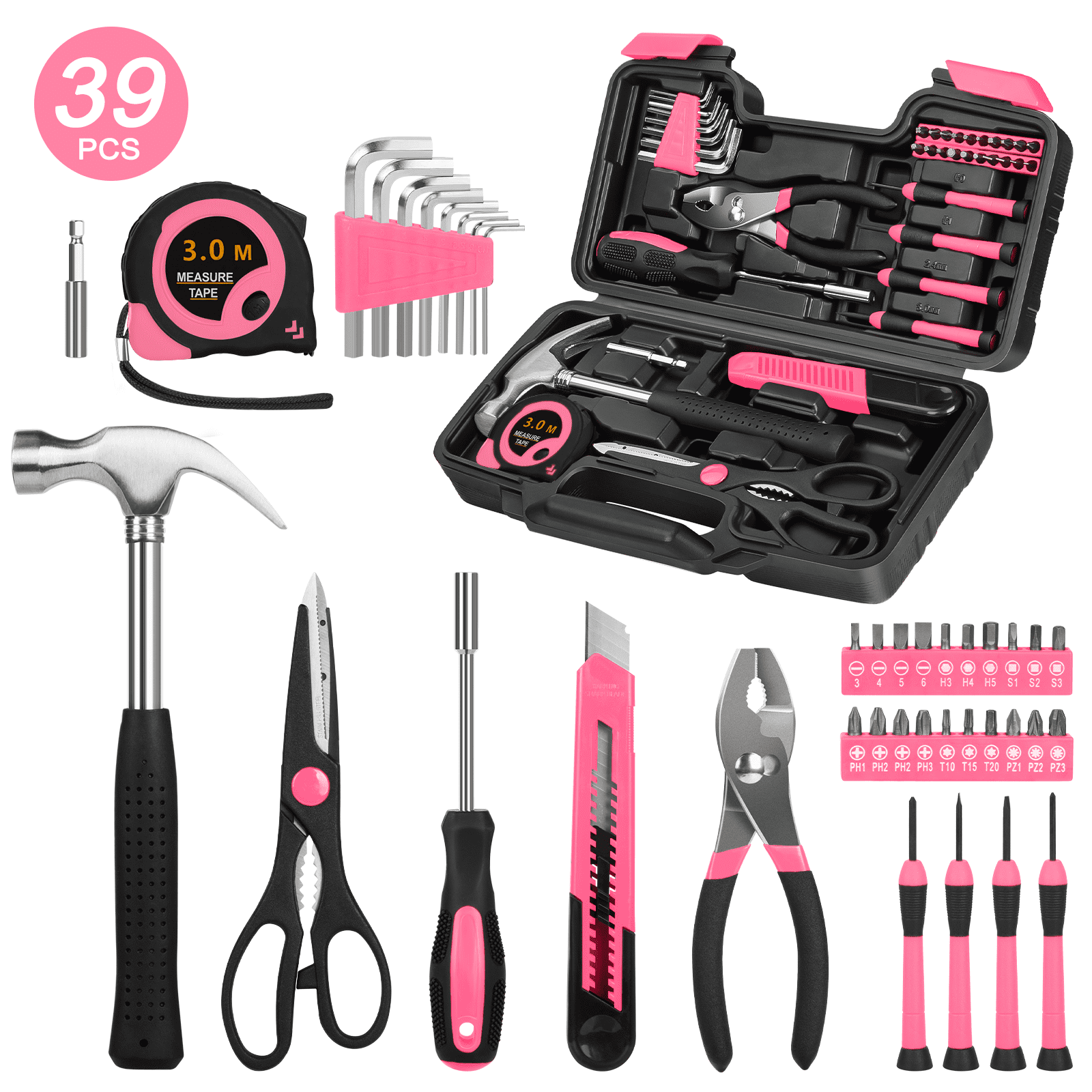 Cshidworld 39-Piece Tool Set General Household Hand Kit with Plastic Toolbox Storage Case, Basic Home Tool Kit for Girls Ladies and Women - Includes Essential Tools for Home Garage and Office, Pink