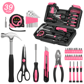Cshidworld 39-Piece Tool Set General Household Hand Kit with Plastic Toolbox Storage Case, Basic Home Tool Kit for Girls Ladies and Women - Includes Essential Tools for Home Garage and Office, Pink