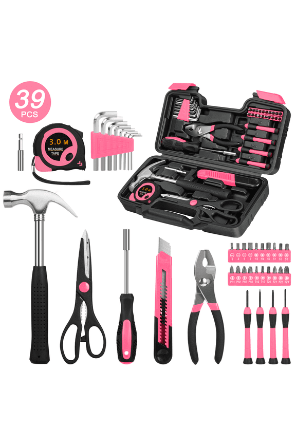 39-Piece Tool Set General Household Hand Kit with Plastic Toolbox Storage Case, Basic Home Tool Kit for Girls Ladies and Women - Includes Essential Tools for Home Garage and Office, Pink