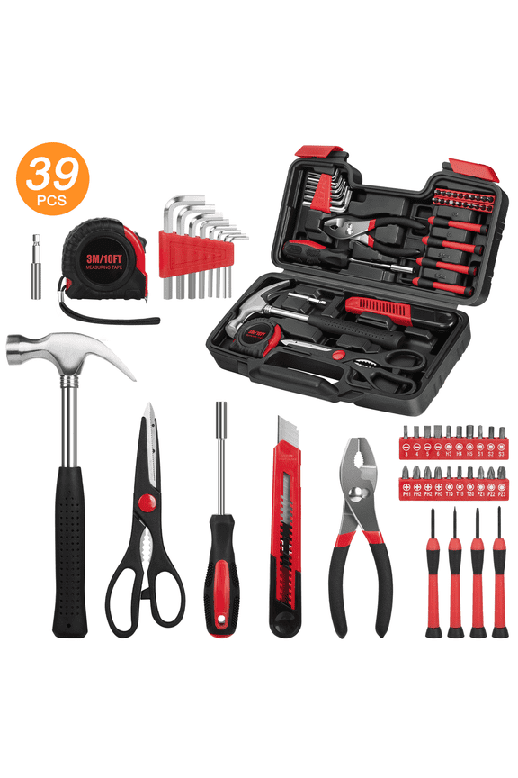 39-Piece Tool Set General Household Hand Kit with Plastic Toolbox Storage Case, Basic Home Tool Kit for Girls Ladies and Women - Includes Essential Tools for Home Garage and Office, Red