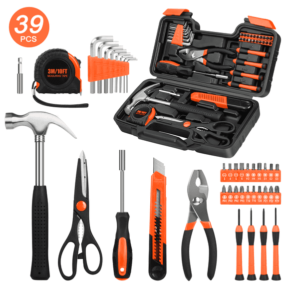 Cshidworld 39-Piece Tool Set General Household Hand Kit with Plastic Toolbox Storage Case, Basic Home Tool Kit for Girls, Ladies and Women - Includes Essential Tools for Home Garage Office, Orange
