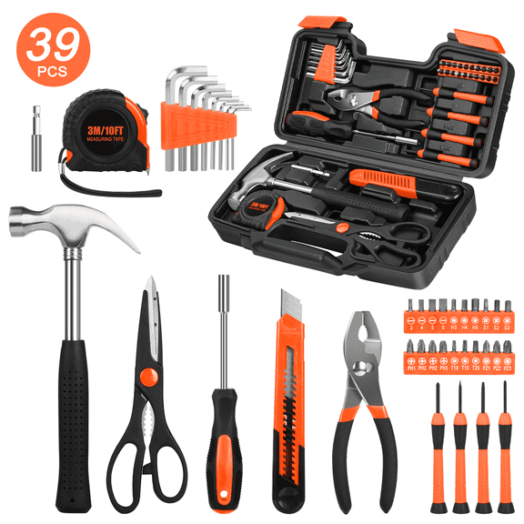Cshidworld 39-Piece Tool Set General Household Hand Kit with Plastic Toolbox Storage Case, Basic Home Tool Kit for Girls, Ladies and Women - Includes Essential Tools for Home Garage Office, Orange