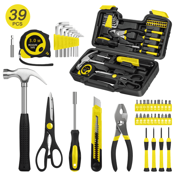 Cshidworld 39-Piece Tool Set General Household Hand Kit with Plastic Toolbox Storage Case, Basic Home Tool Kit for Girls Ladies and Women - Includes Essential Tools for Home Garage and Office, Yellow