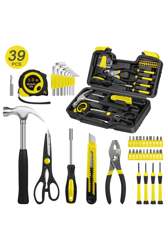 39-Piece Tool Set General Household Hand Kit with Plastic Toolbox Storage Case, Basic Home Tool Kit for Girls Ladies and Women - Includes Essential Tools for Home Garage and Office, Yellow