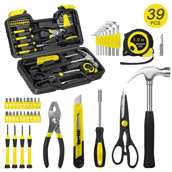 Cshidworld 39 Piece Tool Sets All Purpose Household Tool Kit, Home Tool Set Case with Toolbox Great for Girls Ladies and Women, Household Hand Kit for Home Garage Office College Dormitory, Yellow