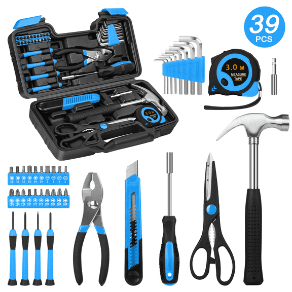 Cshidworld 39 Piece Tool Sets All Purpose Household Tool Kit, Home Tool Set Case with Toolbox Great for Girls Ladies and Women, Household Hand Kit for Home Garage Office College Dormitory, Blue