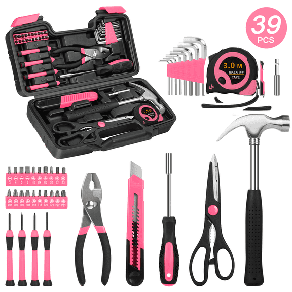 Cshidworld 39 Piece Tool Sets All Purpose Household Tool Kit, Home Tool Set Case with Toolbox Great for Girls Ladies and Women, Household Hand Kit for Home Garage Office College Dormitory, Pink