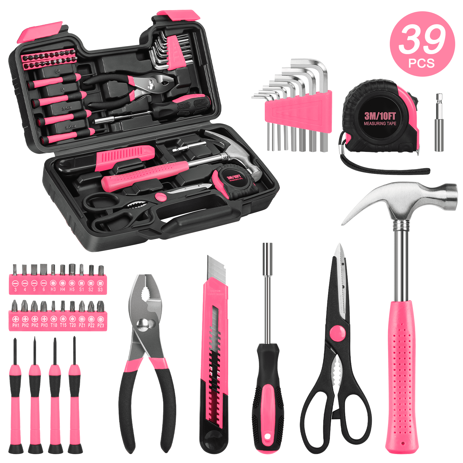 39 Piece Tool Sets All Purpose Household Tool Kit, General Basic Home Tool Set Case with Toolbox Great for Girls Ladies and Women, Household Hand Kit for Home Garage Office College Dormitory, Pink