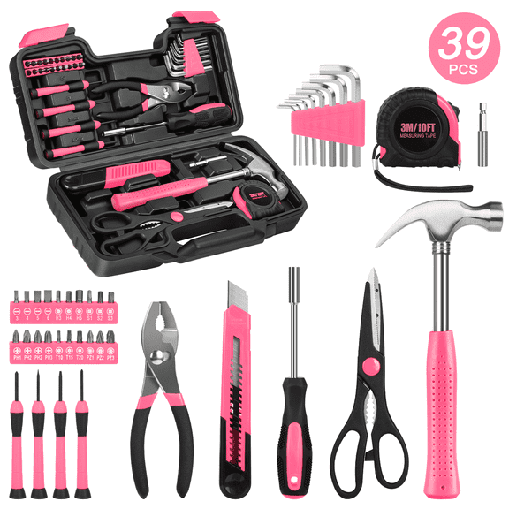 Cshidworld 39 Piece Tool Sets All Purpose Household Tool Kit, Home Tool Set Case with Toolbox Great for Girls Ladies and Women, Household Hand Kit for Home Garage Office College Dormitory, Pink
