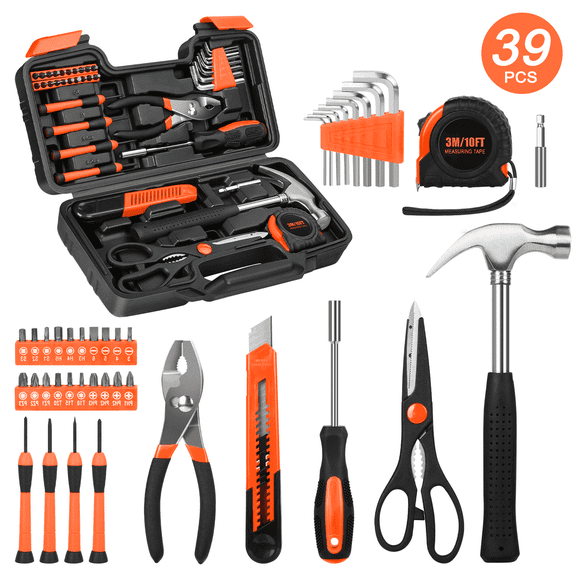 Cshidworld 39 Piece Tool Sets All Purpose Household Tool Kit, Home Tool Set Case with Toolbox Great for Girls Ladies and Women, Household Hand Kit for Home Garage Office College Dormitory, Orange