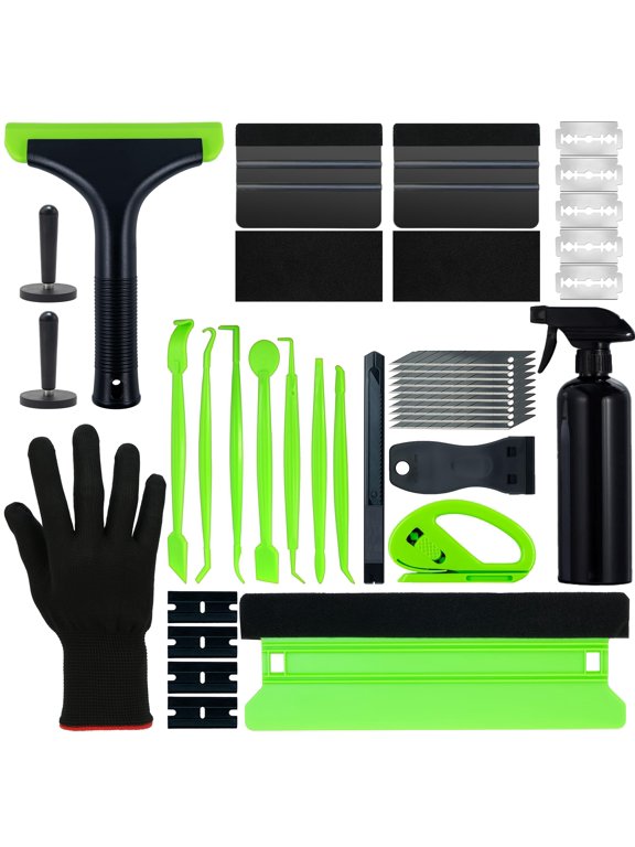 39-Piece Vinyl Wrap Tool Kit, Car Window Tint Set with Spray Bottle, Felt Squeegee, Magnetic Holders, Safety Trimmer, Plastic Scraper & Gloves, DIY Auto Film Install Aid (Black/Green) VT4