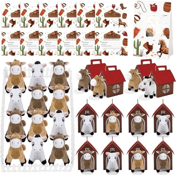 39 Pieces Adopt a Horse Party Favors 12 Mini Horse Stuffed Animals 12 Foldable Boxes with Certificates Adoption Card Fences for Farm Animal Birthday Adopt a Pet Party Favors