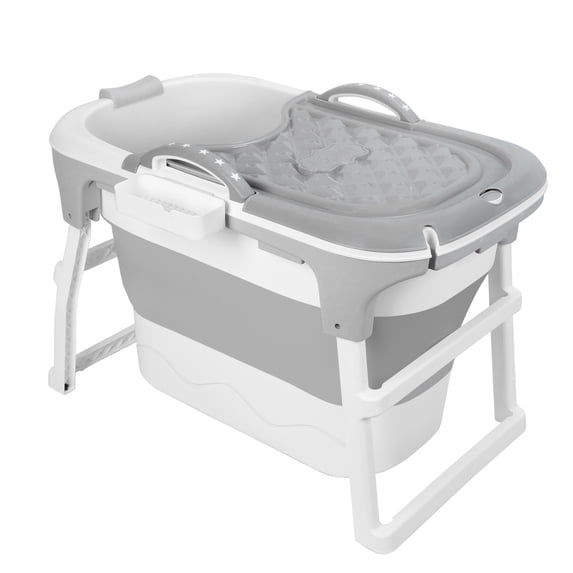 39" Portable Folding Bathtub, Small Foldable Tub with Ergonomic Seat & Massage Roller, Large Collapsible Tub, Freestanding Surround Collapsible Tub, Effortless Foldable Bathtub-Grey