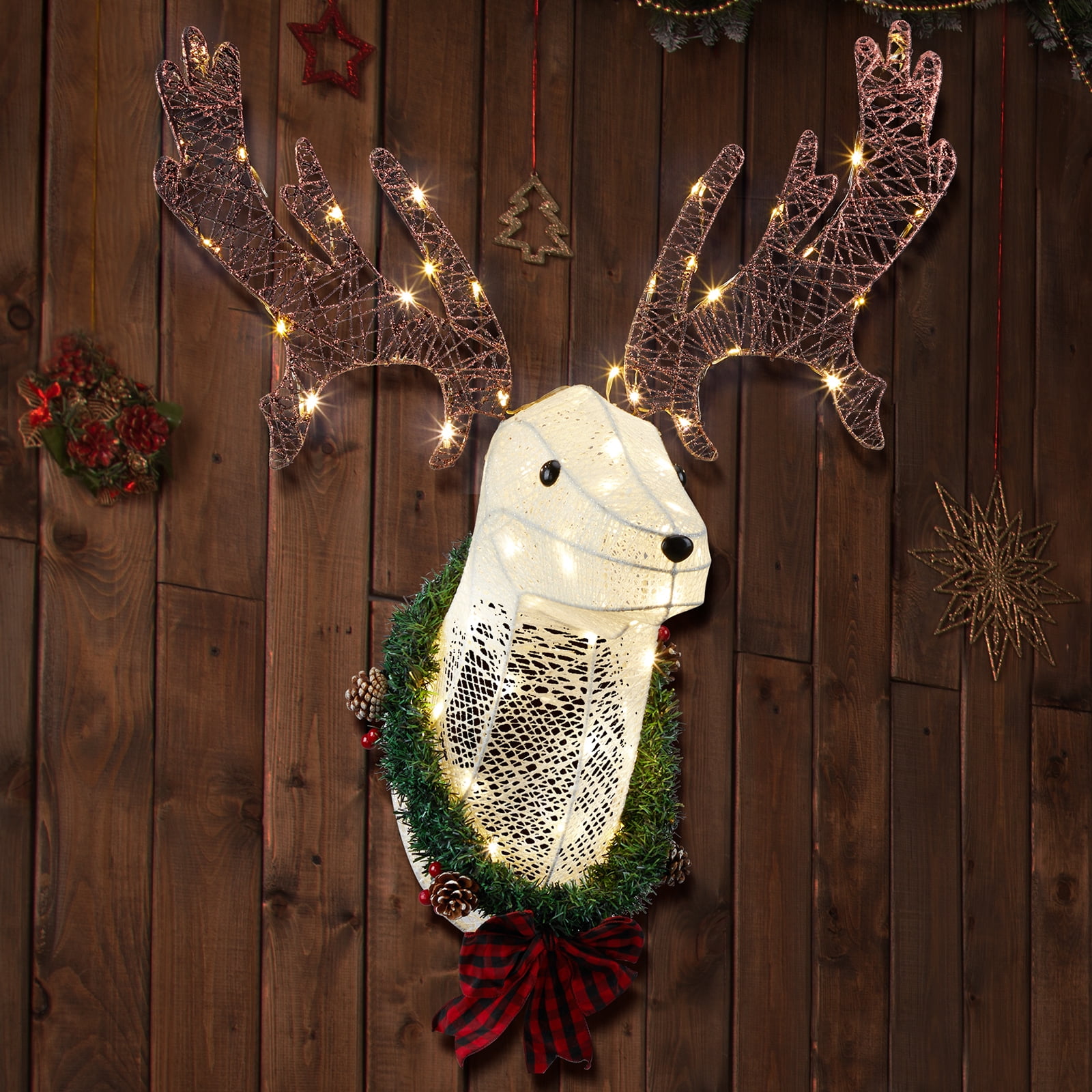 LED Christmas Reindeer Head Wall Decor - 42 Lights, Battery Operated With 8 Modes, 28x15x10 Inch 3D White Deer Head For Indoor Outdoor