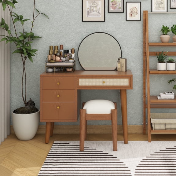 39" Retro Bohemian Style Wooden Makeup Vanity Set with Charging Plug&USB Port and Stool, Dressing Table with 3 Storage Drawers and 1 Rectangular Rattan Drawer, Walnut