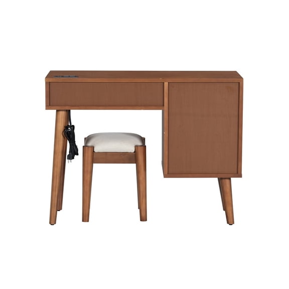 39" Retro Bohemian Style Wooden Makeup Vanity Set with Charging Plug&USB Port and Stool, Dressing Table with 3 Storage Drawers and 1 Rectangular Rattan Drawer, Walnut