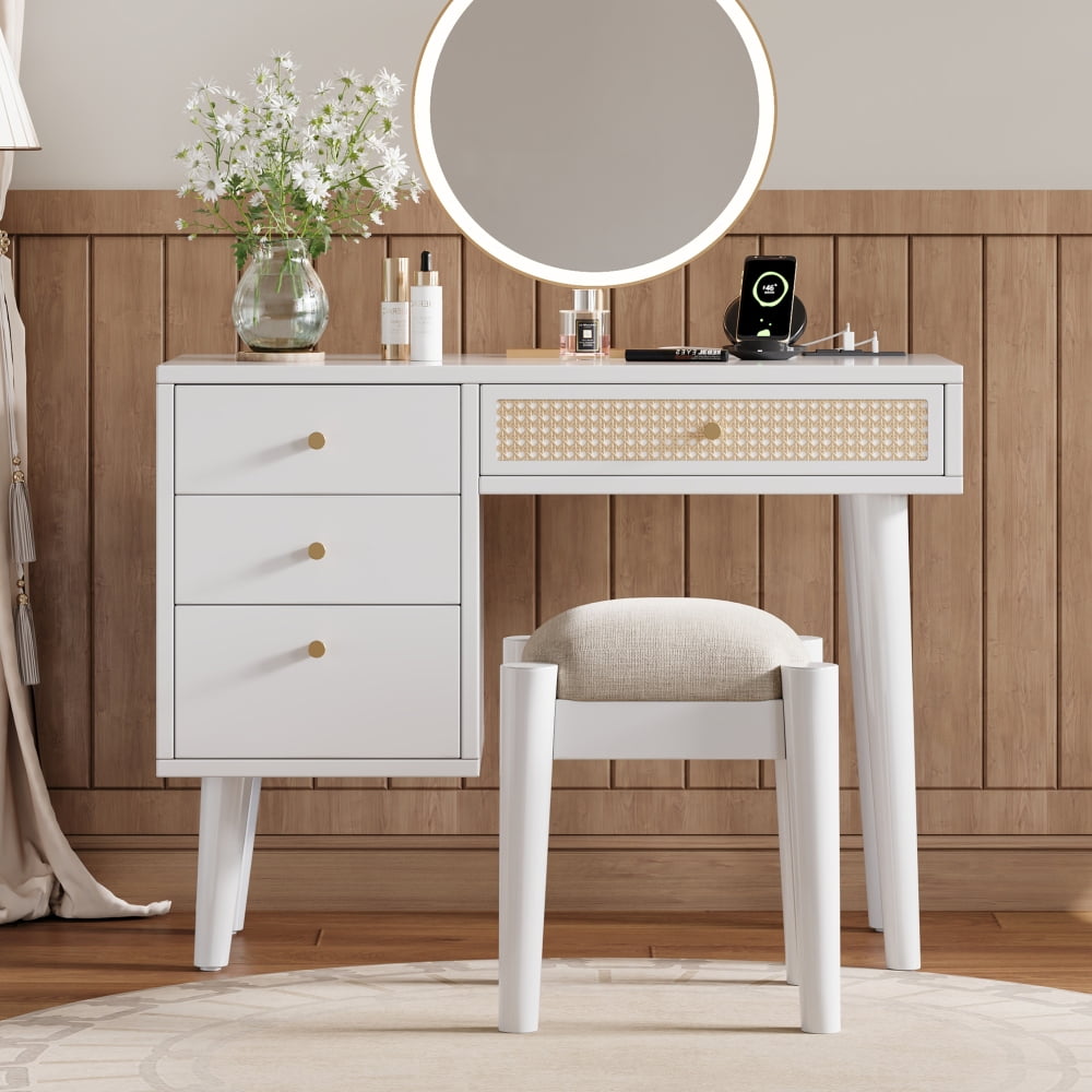 39" Retro Bohemian Style Wooden Makeup Vanity Set with Charging Plug&USB Port and Stool, Dressing Table with 3 Storage Drawers and 1 Rectangular Rattan Drawer, White