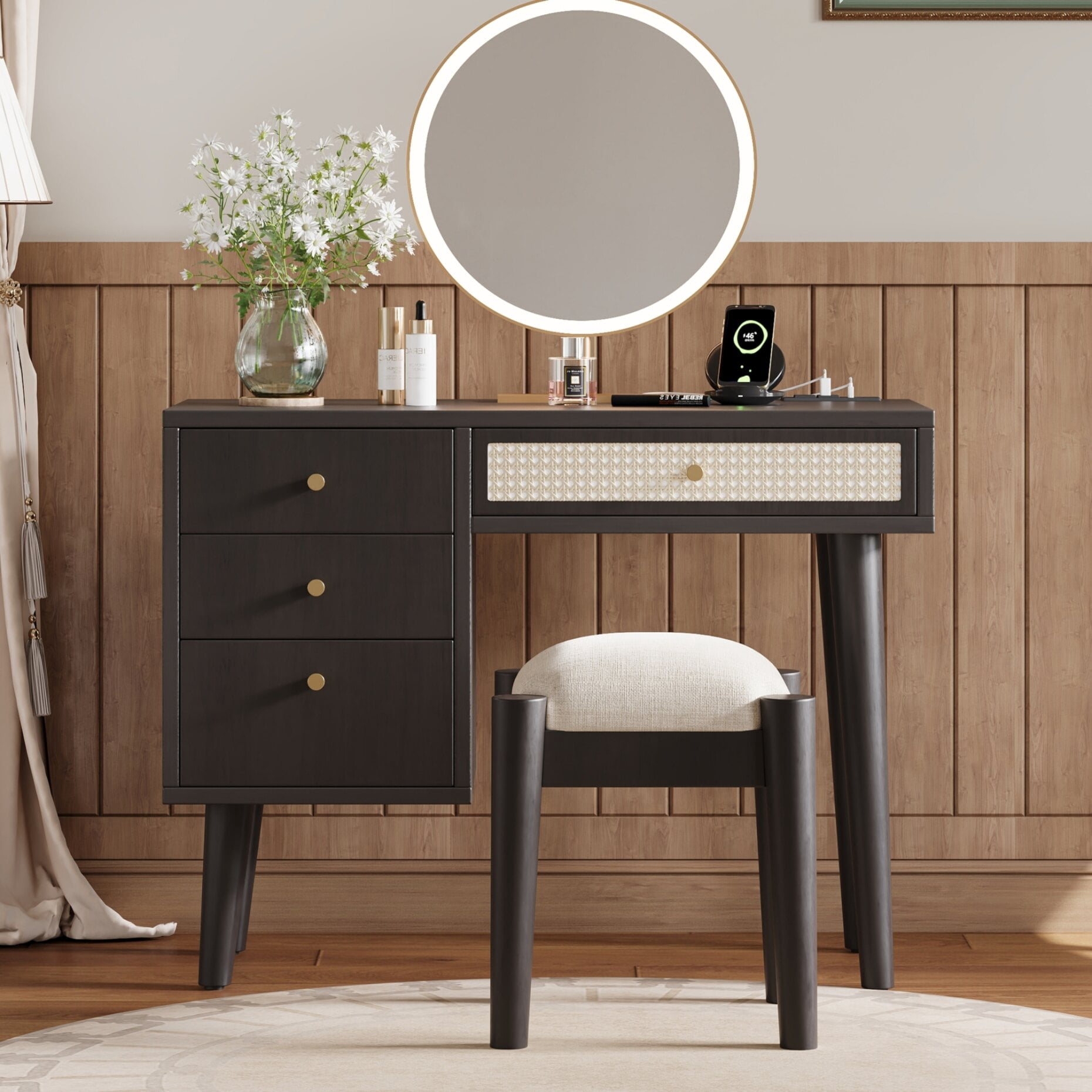 39" Retro Bohemian Style Wooden Makeup Vanity Set with Charging Plug ...